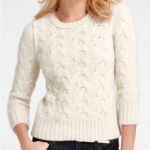 Ann Taylor Winter Snow White Wool Sweater with Pearl Accents 3/4 Sleeve